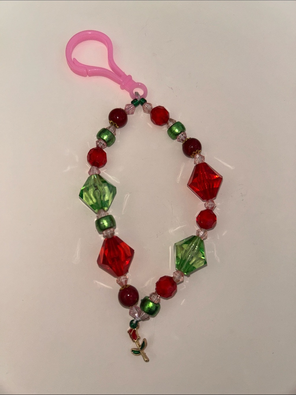 Beaded Red & Green Bracelet with Pink Clip